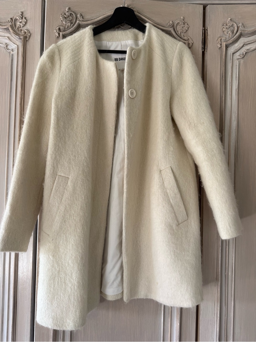 BB Dakota Cream Collarless Wool-Blend Pea Coat